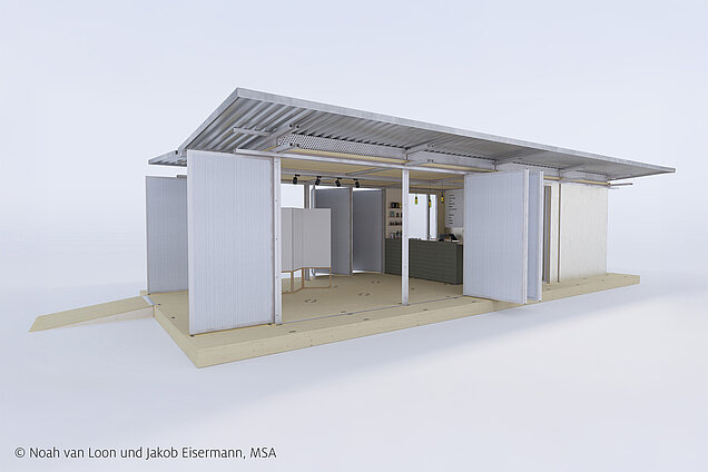 Visualisierung der kreisl Kiste als rückbaubarer Re-Use-Pavillon
