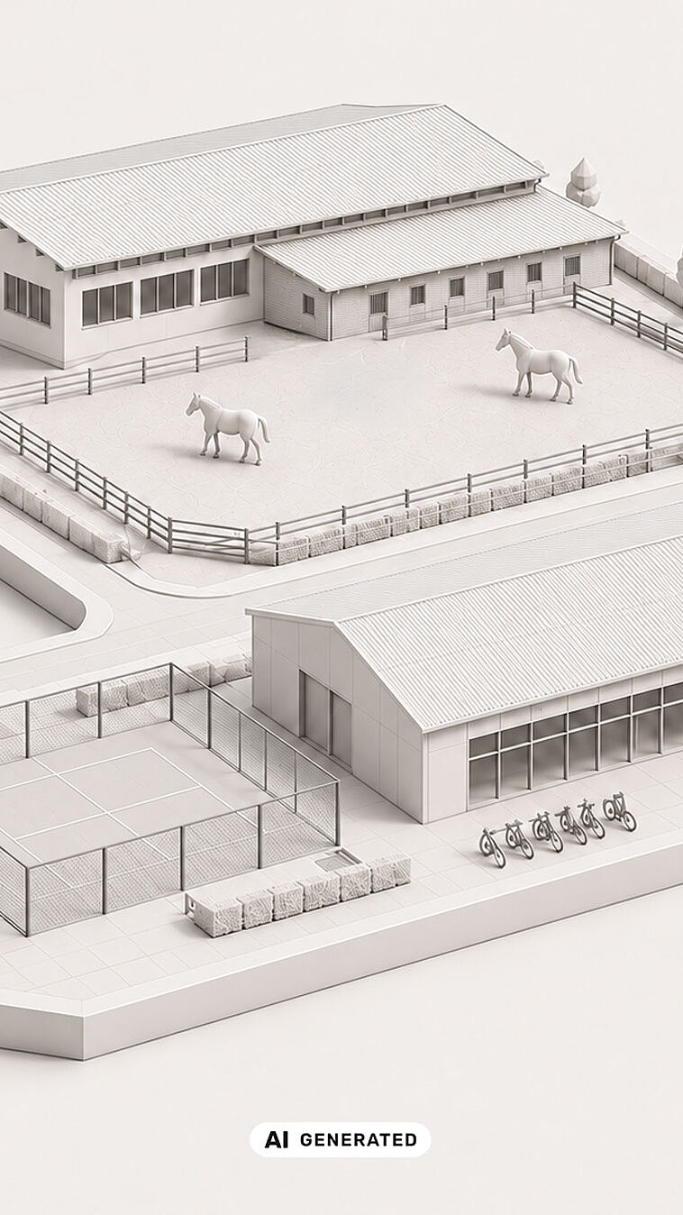 Erstklassige Reitanlagen und Reithallen 3D-Visualisierung einer Reitsportanlage mit Hallen, Stallbereich, Paddock und eingezäunter Außenfläche