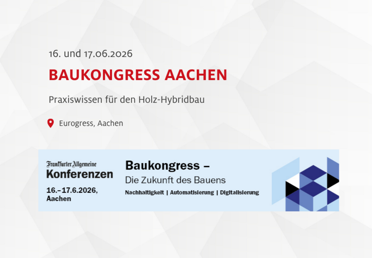 Informationsgrafik zum Baukongress Aachen am 16. und 17. Juni 2026 mit Ort, Datum und Veranstalter