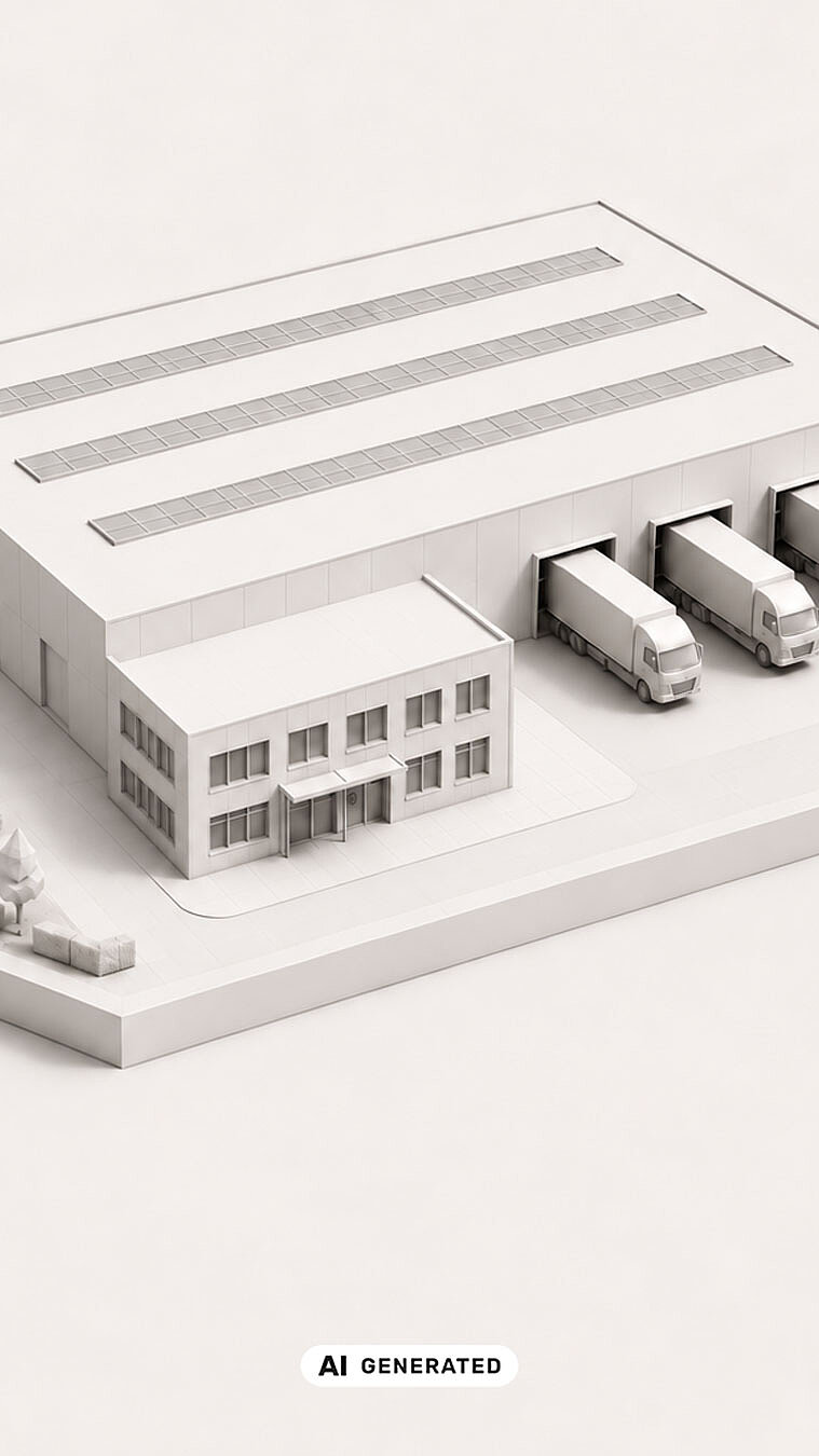 Entdecken Sie unsere Expertise im Hallenbau 3D-Visualisierung einer Logistikhalle mit Bürotrakt, Lkw-Laderampen, Stellplätzen und Photovoltaik