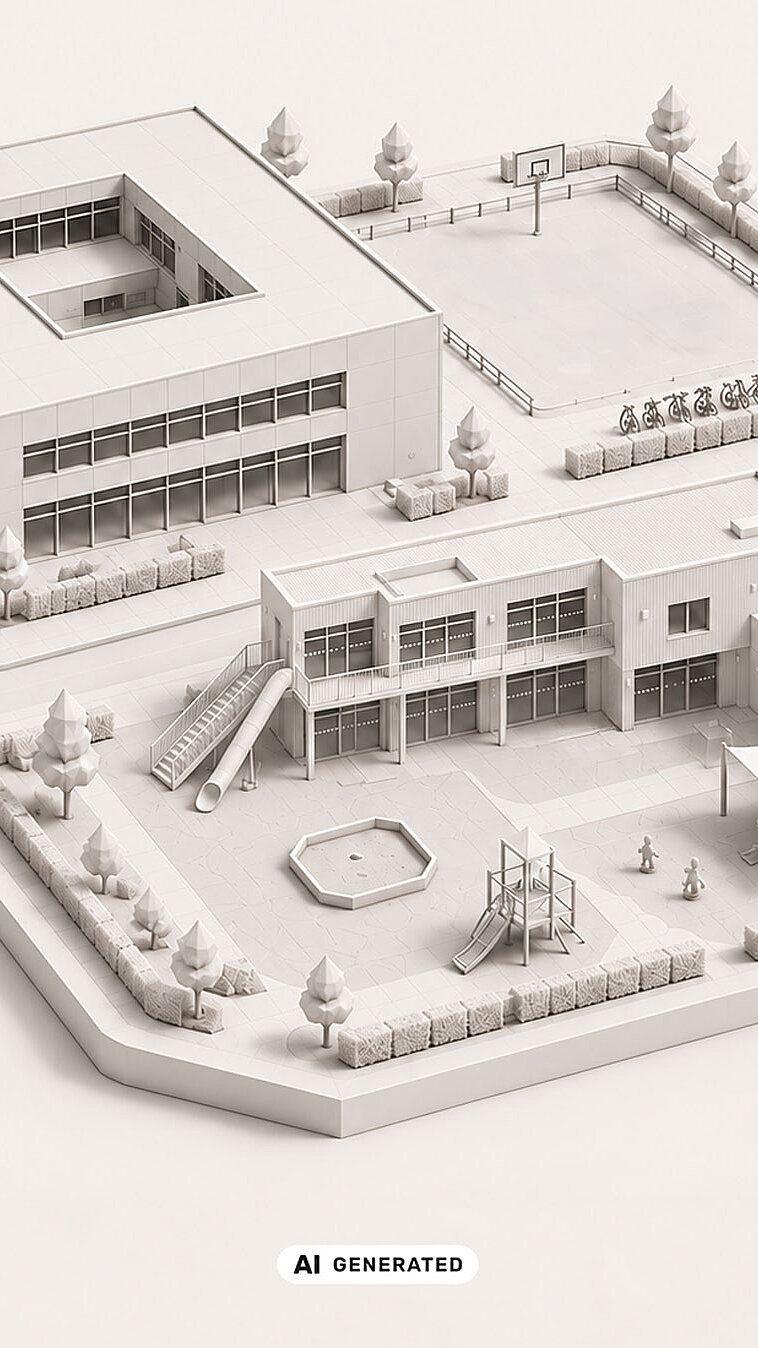 Wir realisieren Kindertagesstätten und moderne Schulgebäude 3D-Visualisierung eines Bildungs- und Betreuungsstandorts mit Gebäude, Sportfeld und Spielbereich